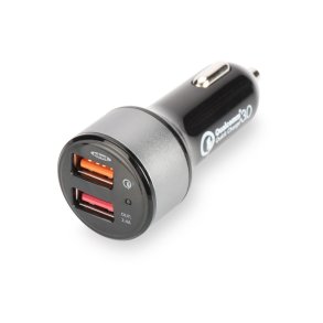 Qualcomm Quick Charge 3.0 biloplader, 2xUSB (3A/2,4A), sort og s�lv