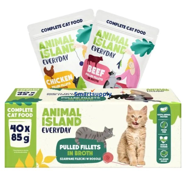 Animal Island Everyday Okse- Og Kyllingefileter I Bouillon - Vdfoder Til Katte - 40 X 85G