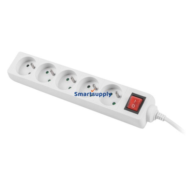 Stikd�se 3m, hvid, 5 stik, med switch, kabel lavet af solid kobber