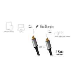 USB-C M/M kabel, PD, alu, 1.5m