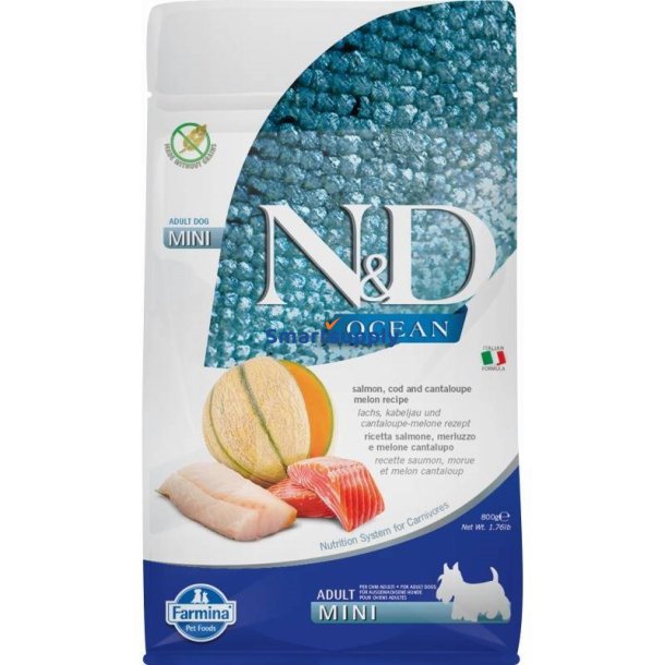 Farmina N &amp; D Ocean Dog Laks, Torsk, Cantaloupe, Melon Adult Mini - Trfoder Til Hunde - 800 G