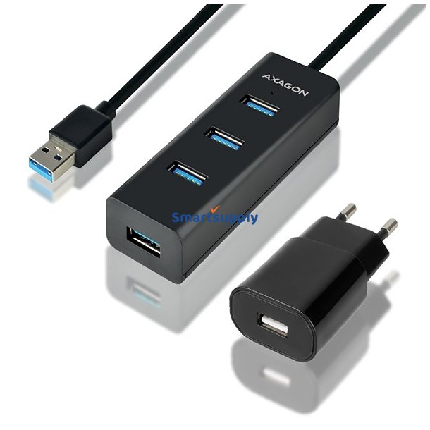 Oplader Hub HUE-S2BP 4x USB 3.2 Gen 1, 1.2m Kabel, MicroUSB Opladning, Incl. AC Adapter