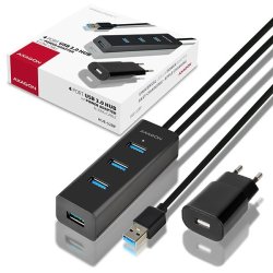 Oplader Hub HUE-S2BP 4x USB 3.2 Gen 1, 1.2m Kabel, MicroUSB Opladning, Incl. AC Adapter