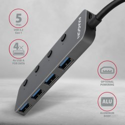 Hub HUE-MSA 4x USB3.2 Gen 1 SWITCH, metal, micro USB str�m IN, 20cm USB-A kabel