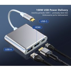 Adapter HUB USB C 3w1 - HDMI, USB, PD s�lv