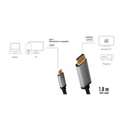 USB-C til DP-kabel, 4K 60Hz, alu, 1.8m