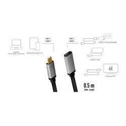 USB-C M/F kabel, 4K/60Hz, alu, 0.5m