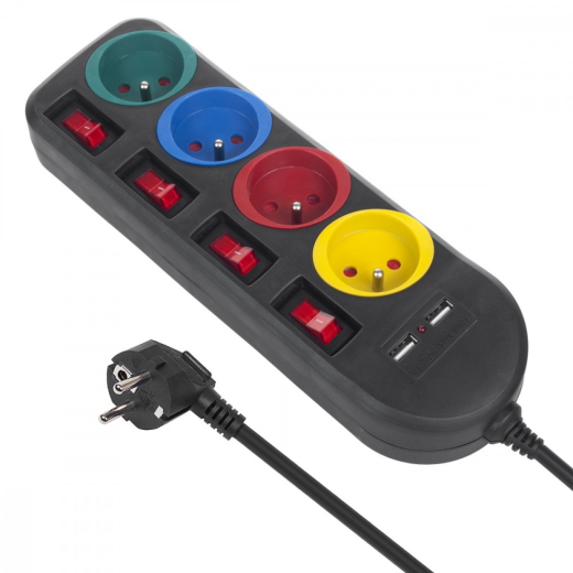 Str�mfordeler 4 stik 2xUSB Maclean MCE229B