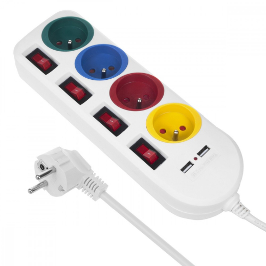 Str�mfordeler 4 stik 2xUSB Maclean MCE229W