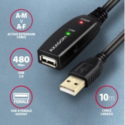 AXAGON ADR-210 USB 2.0 A-M -> A-F akt 10m kabel