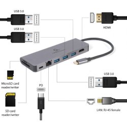 USB-C Hub til HDMI 1xUSB-C GbE 2xUSB-A Kort PD