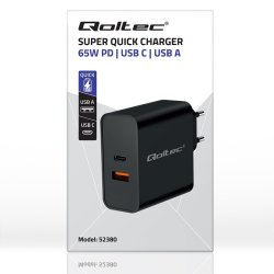 Super Quick PD oplader 1xUSB C, 1xUSB, 65W