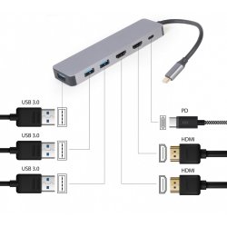 Adapter USB-C Hub USB-C PD HDMI x2 USB 3.0x3