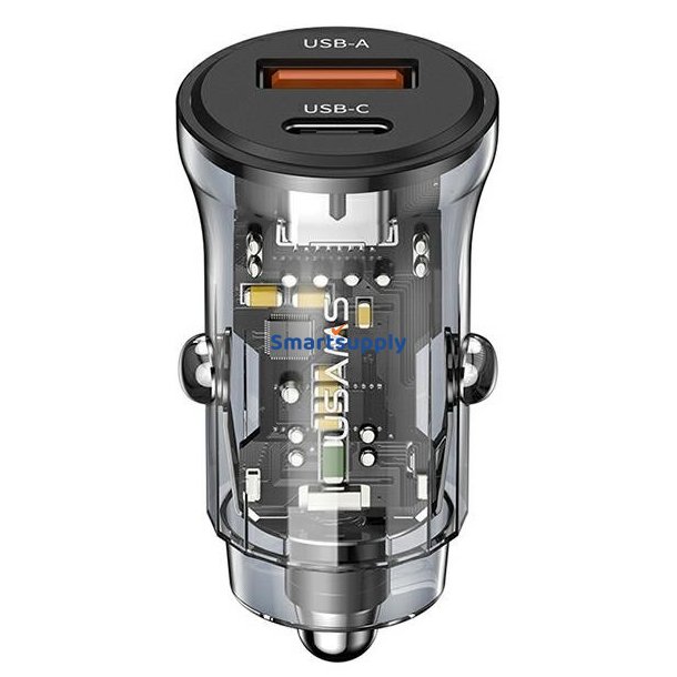 Biloplader 30W 1xUSB+1 1xUSB-C Hurtig opladning