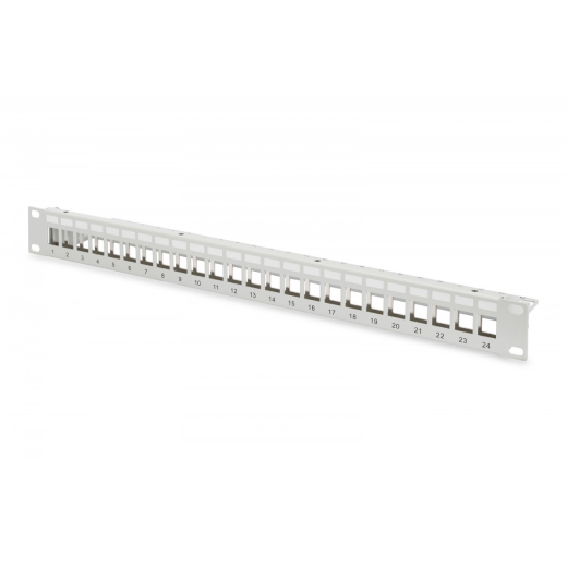Panel krosowy (patch panel) modul�r 19" 24 porte til keystone-moduler, 1U, sk�rmet, kabelguide, beskrivelsesfelter, gr�