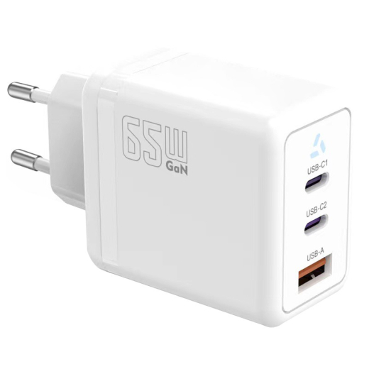 Lader 2x USB C + USB A Power Delivery hvid, GaN 65W