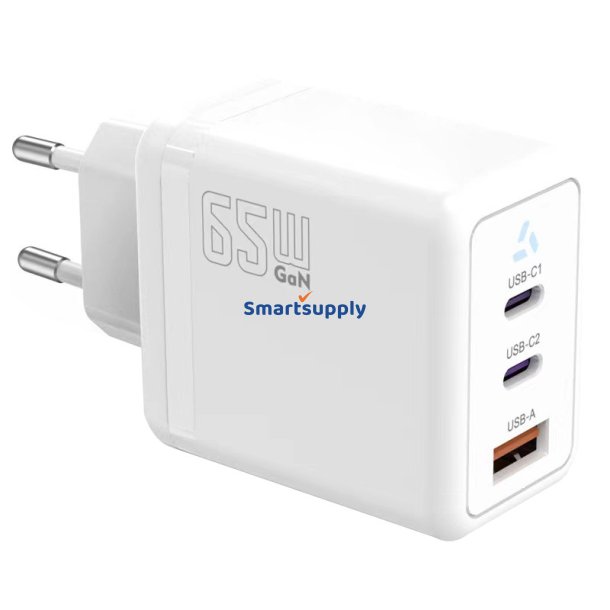 Lader 2x USB C + USB A Power Delivery hvid, GaN 65W