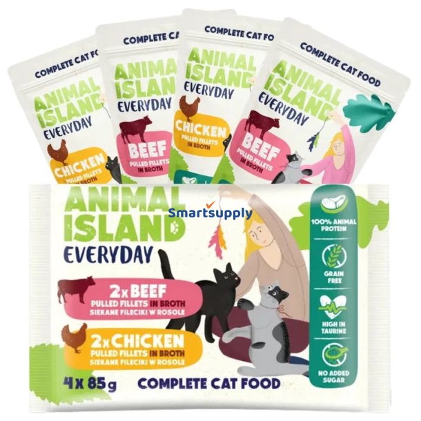 Animal Island Hverdags Kylling Og Oksefilet I Bouillon - Vdfoder Til Katte - 4 X 85G
