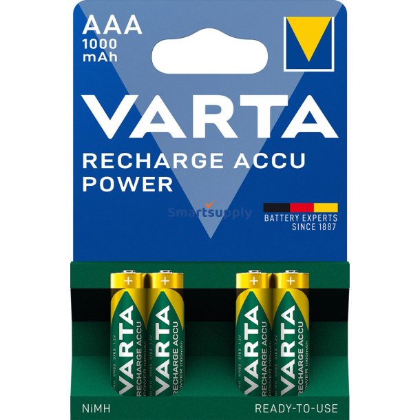 Varta Hr03 Aaa Genoplad Accu Power 1000 mAh 05703 Genopladelige Batterier 4 Stk Grn, Gul