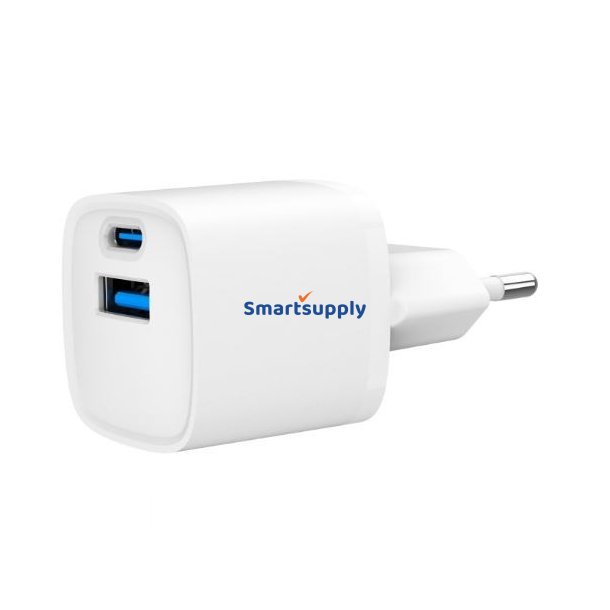 Mini-lader USB-A USB-C 20W PD QC3.0 hvid