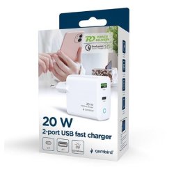 USB-A/USB-C Oplader LED 20W PD QC3.0 Hvid