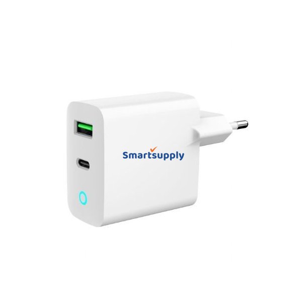 USB-A/USB-C Oplader LED 20W PD QC3.0 Hvid