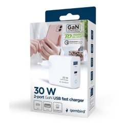 GaN USB-A USB-C Oplader LED 30W PD QC3.0 hvid