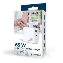 GaN USB-A USB-C Oplader LED 65W PD QC3.0 hvid