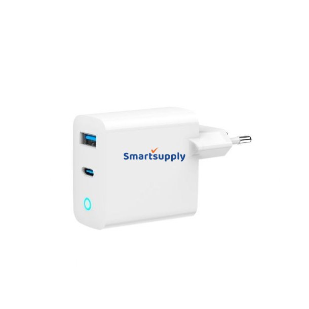 GaN USB-A USB-C Oplader LED 65W PD QC3.0 hvid
