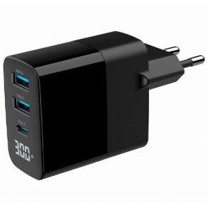 GaN Oplader 2xUSB-A 1xC LCD 30W PD QC3.0 sort