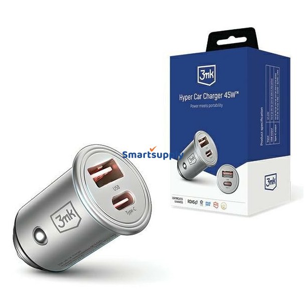 Biloplader 45W 1xUSB-C + USB-A