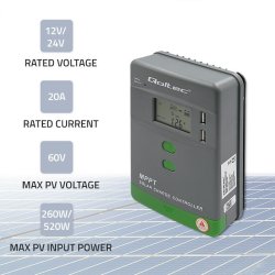 Solcelle ladekontroller MPPT 20A, 12V 24V, 2xUSB