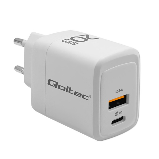 GaN 20W oplader, 5V 20V 1.5A 3A, 1xUSB C PD, 1xUS