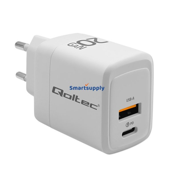 GaN 20W oplader, 5V 20V 1.5A 3A, 1xUSB C PD, 1xUS