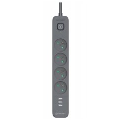 Power Line+ mobilklar oversp�ndingsbeskytter str�mstrip 1.5m (4 stik + 3x USB A, 5V 2.4A)