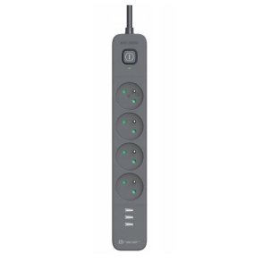 Power Line+ mobilklar oversp�ndingsbeskytter str�mstrip 1.5m (4 stik + 3x USB A, 5V 2.4A)