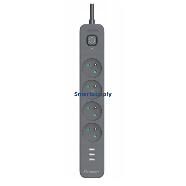 Power Line+ mobilklar oversp�ndingsbeskytter str�mstrip 1.5m (4 stik + 3x USB A, 5V 2.4A)