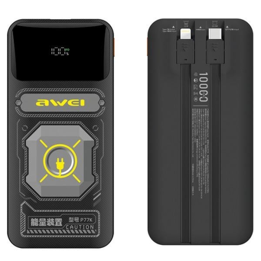 Powerbank 10000mAh 22,5 W P77K med integreret kabel