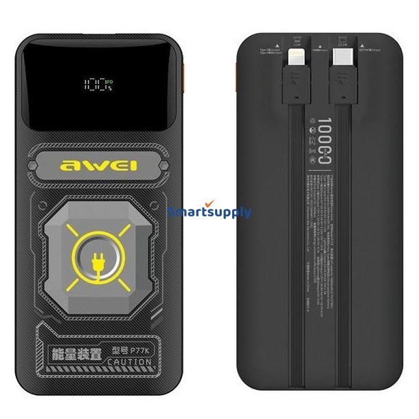 Powerbank 10000mAh 22,5 W P77K med integreret kabel