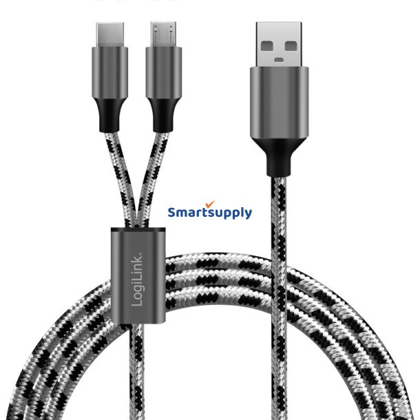 USB2.0 kabel, A/M til micro-USB + USB-C, 1.2m