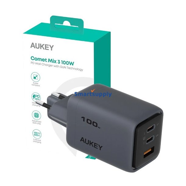 Comet Mix 3 V�goplader PA-C5 3xUSB (2xUSB-C og 1xUSB-A) 100W 5A QC5.0 PD3.0 AFC PPS FCP SCP