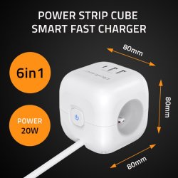 Power cube 6in1 3x AC 2x USB 1x USB C PD 20W