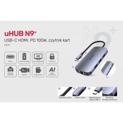 HUB USB-C 9in1, USB-C, HDMI, PD 100W, SD; D1071