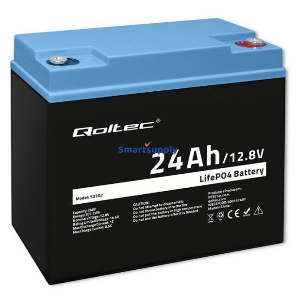 LiFePO4 batteri 12.8V, 24Ah, 307.2Wh,BM