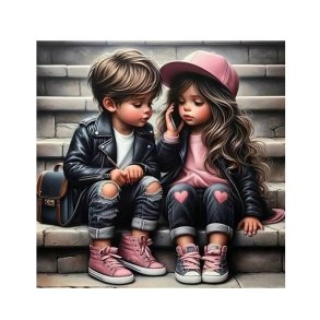 Diamantmosaik - Pige og dreng p� trappen