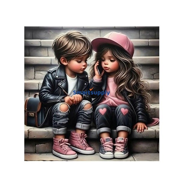 Diamantmosaik - Pige og dreng p� trappen