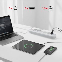 Str�mskinne 5 stik MCE395 W 3xUSB, 110-240v AC 50/60Hz, 2,1A maks 2500W, hvid