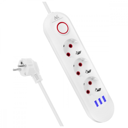 Str�mstik MCE394W 3 stik 3xUSB, 110-240V AC 50/60, 2.1A max 2500W, hvid