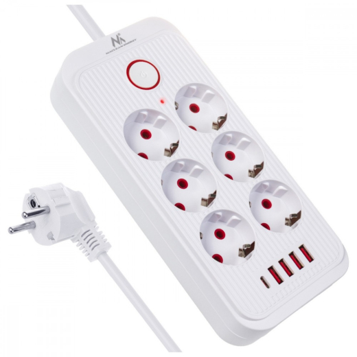 Stikd�se MCE391 W 6 stik 4xUSB 110-240V AC 50/60Hz, 2.1A max 2500W, hvid