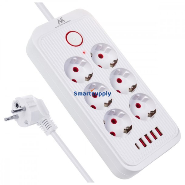 Stikd�se MCE391 W 6 stik 4xUSB 110-240V AC 50/60Hz, 2.1A max 2500W, hvid